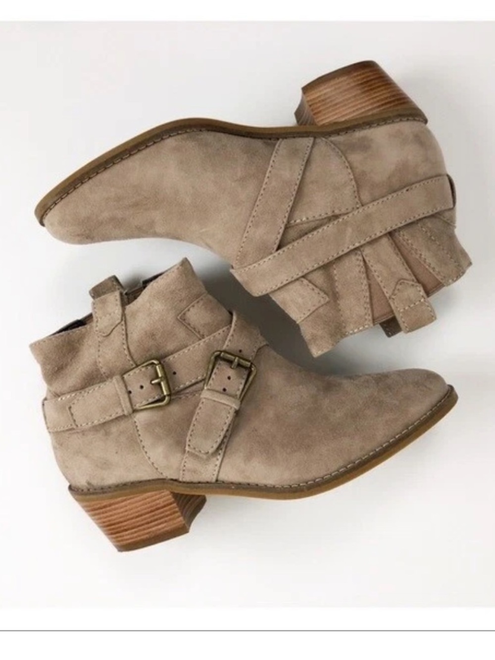 Cole Haan Taupe Suede Ankle Booties with Buckle Strap